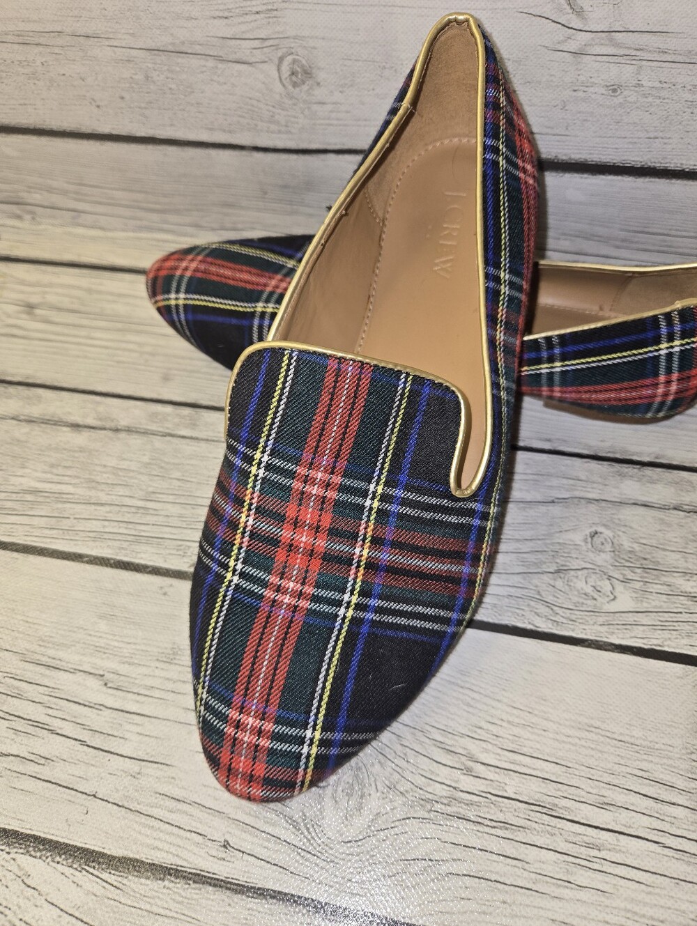 J.Crew Tartan Plaid Smoking Loafers Flats Gold Trim Size 9